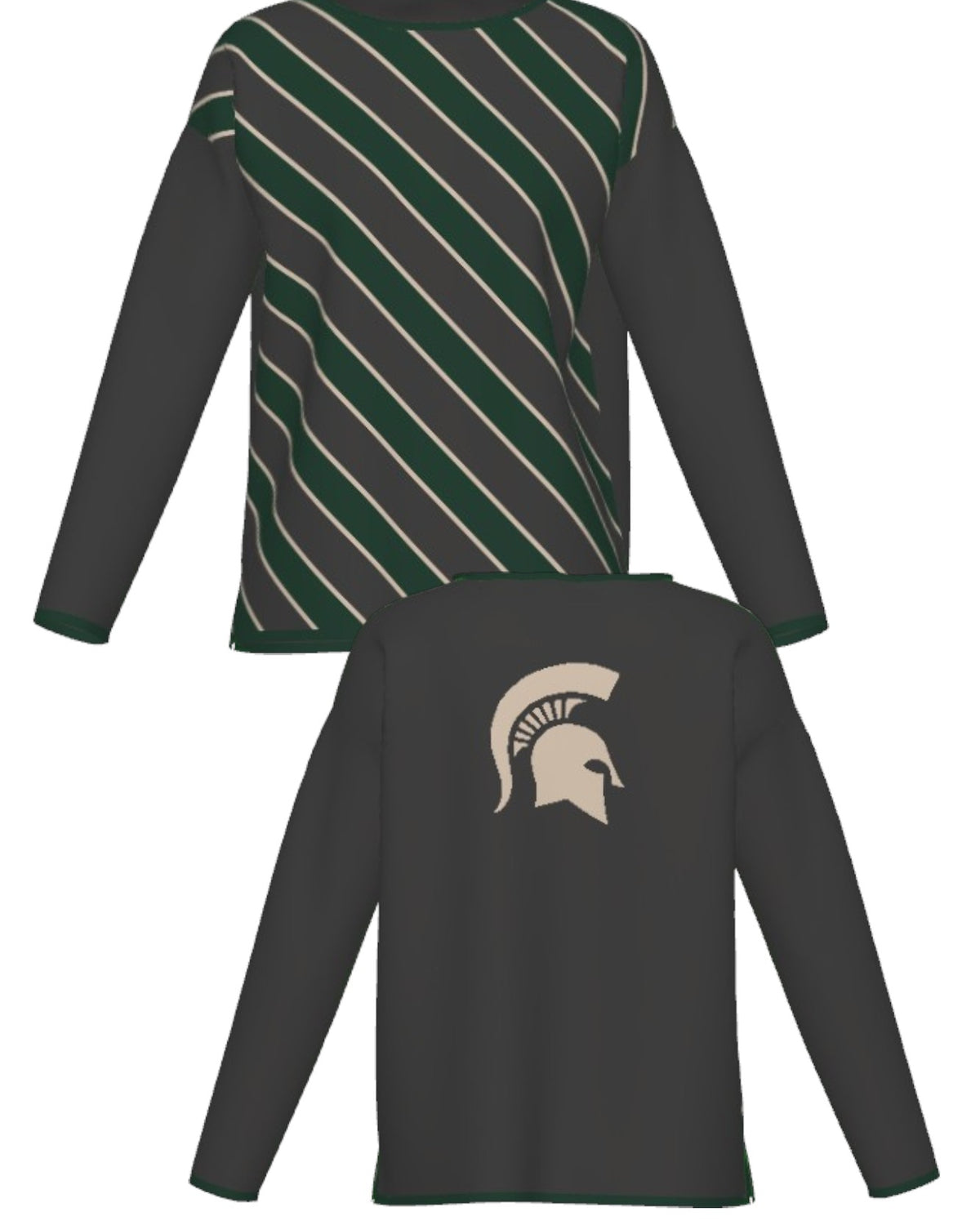Michigan State University Spartans Repp Stripe Knit Sweater women's in Charcoal Grey, Pine Green and Beige with a knitted Beige Spartan helmet by SOUNDOFF - front and back
