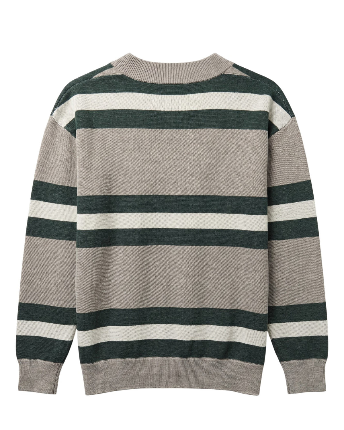 Michigan State University Rugby Stripe Knit Sweater cardigan in Light Grey with Pine Green and Bleach White rugby stripes and knitted Spartan helmet by SOUNDOFF - back
