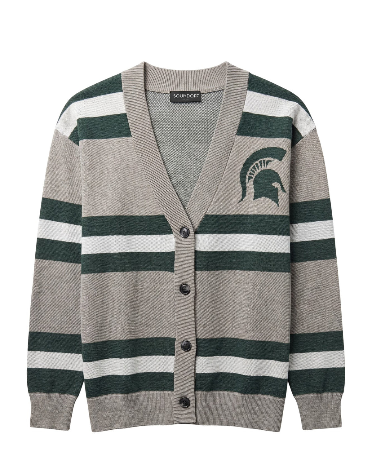 Michigan State University Rugby Stripe Knit Sweater cardigan in Light Grey with Pine Green and Bleach White rugby stripes and knitted Spartan helmet by SOUNDOFF - Front