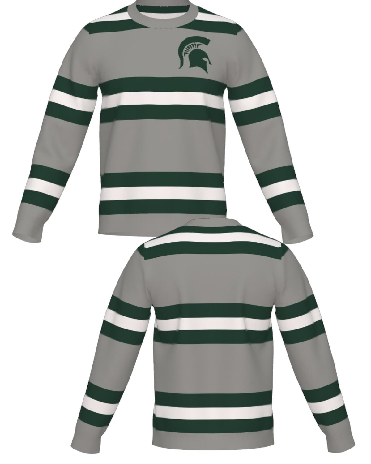 Michigan State University Rugby Stripe Knit Sweater crew neck in Light Grey with Pine Green and Bleach White rugby stripes and knitted Spartan helmet by SOUNDOFF - front and back