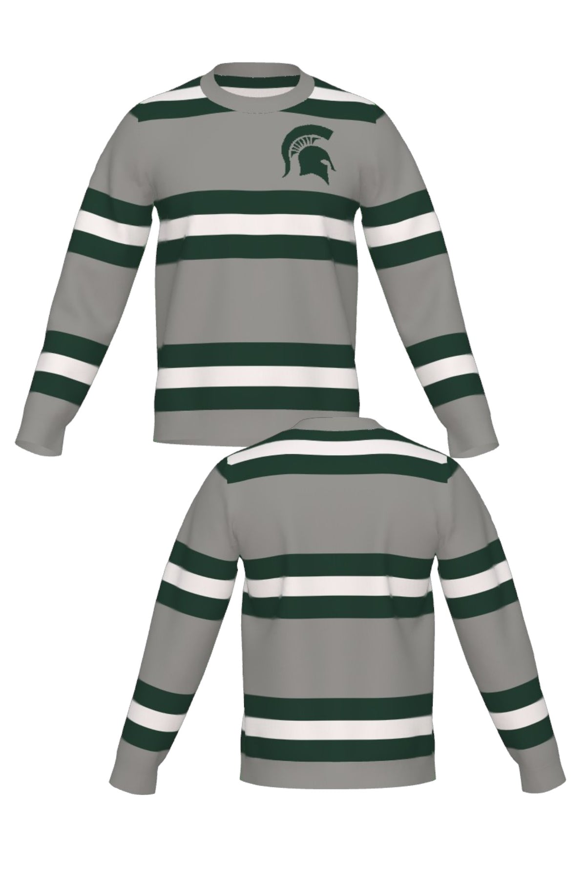Michigan State University Rugby Stripe Knit Sweater crew neck in Light Grey with Pine Green and Bleach White rugby stripes and knitted Spartan helmet by SOUNDOFF - front and back