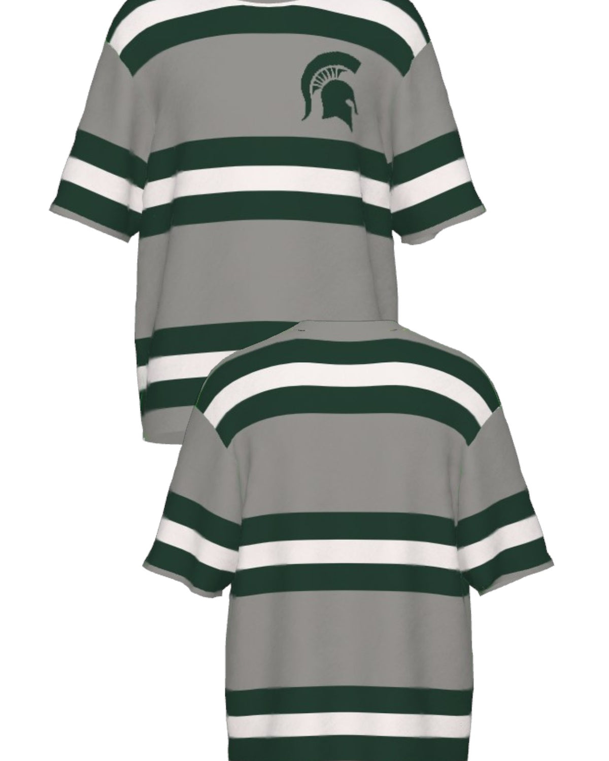 Michigan State University Rugby Stripe Knit Sweater short sleeve in Light Grey with Pine Green and Bleach White rugby stripes and knitted Spartan helmet by SOUNDOFF - front and back