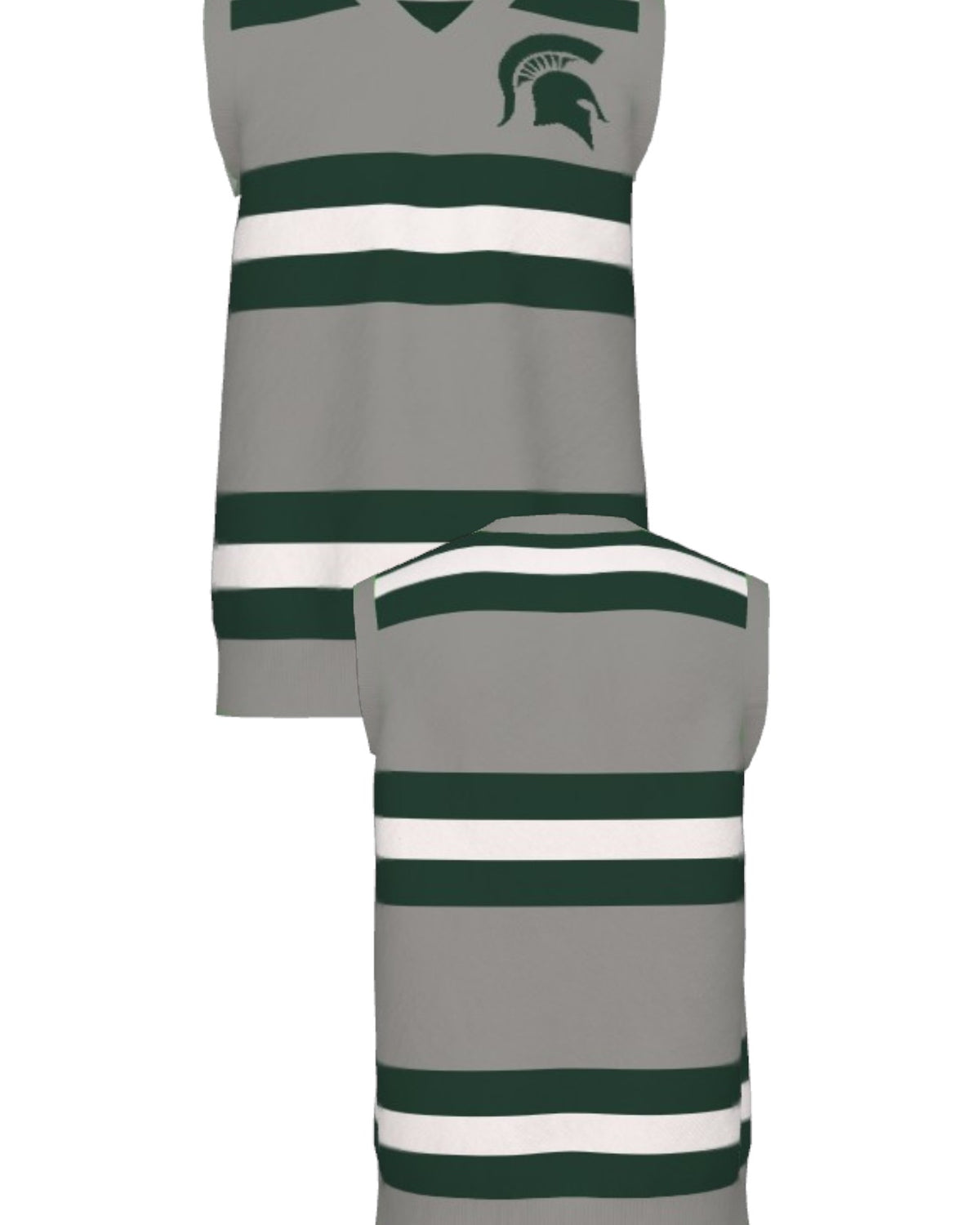 Michigan State University Rugby Stripe Knit Sweater V-Neck Vest in Light Grey with Pine Green and Bleach White rugby stripes and knitted Spartan helmet by SOUNDOFF - front and back