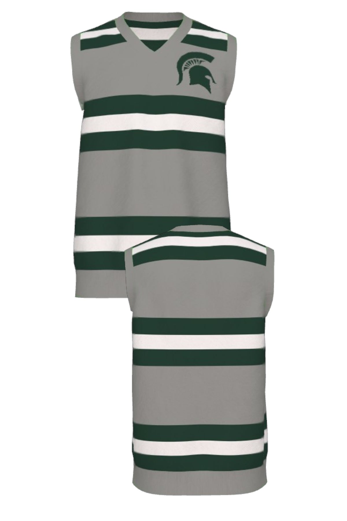 Michigan State University Rugby Stripe Knit Sweater V-Neck Vest in Light Grey with Pine Green and Bleach White rugby stripes and knitted Spartan helmet by SOUNDOFF - front and back