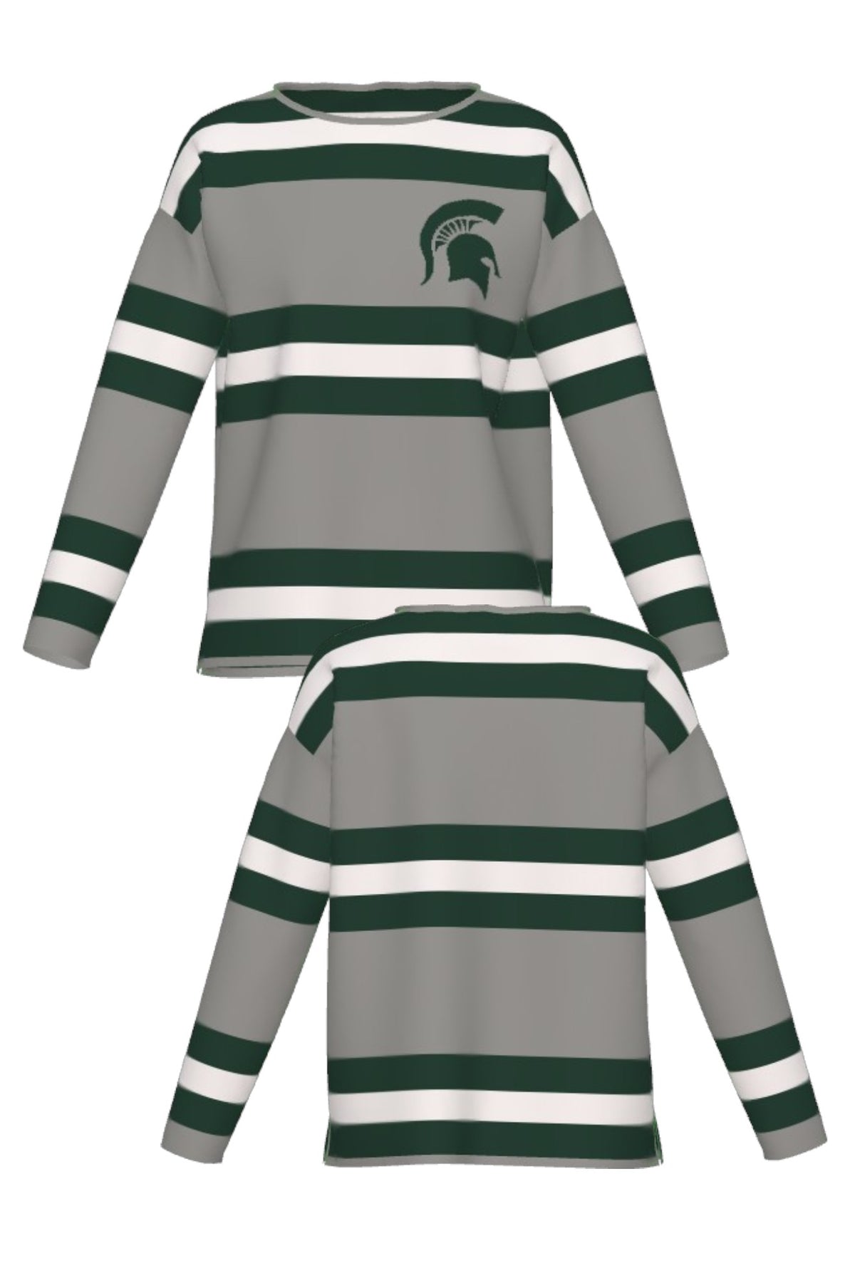 Michigan State University Rugby Stripe Knit Sweater women's in Light Grey with Pine Green and Bleach White rugby stripes and knitted Spartan helmet by SOUNDOFF - front and back