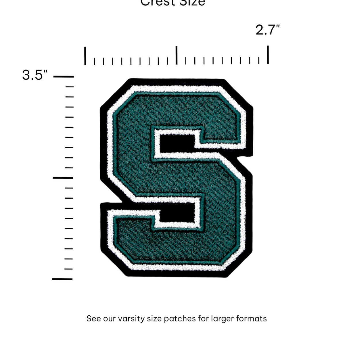 michigan state university block s embroidered iron-on crest patch front view in spartan green white and black for msu spartans apparel or accessories by soundoff with size