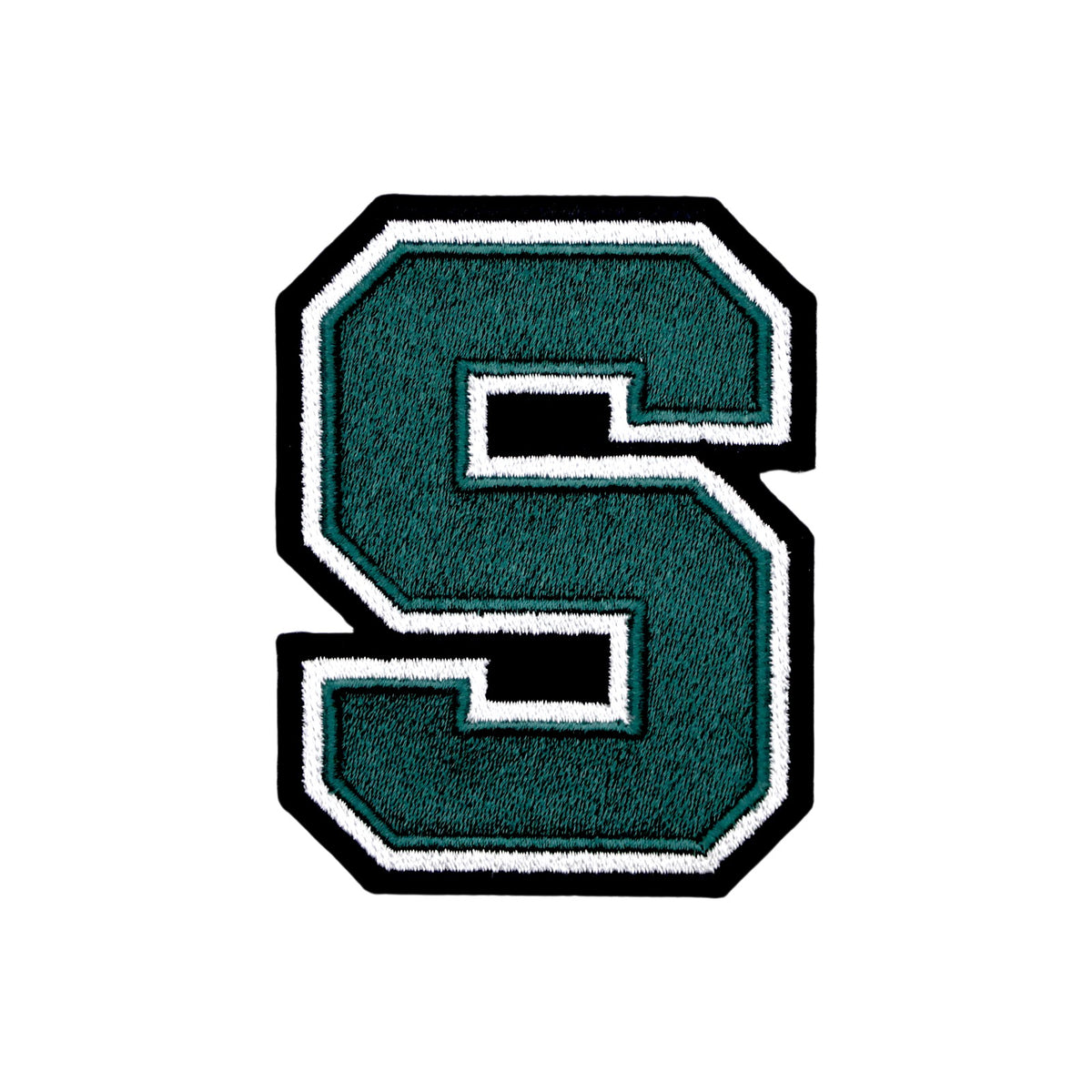 michigan state university block s embroidered iron-on crest patch front view in spartan green white and black for msu spartans apparel or accessories by soundoff