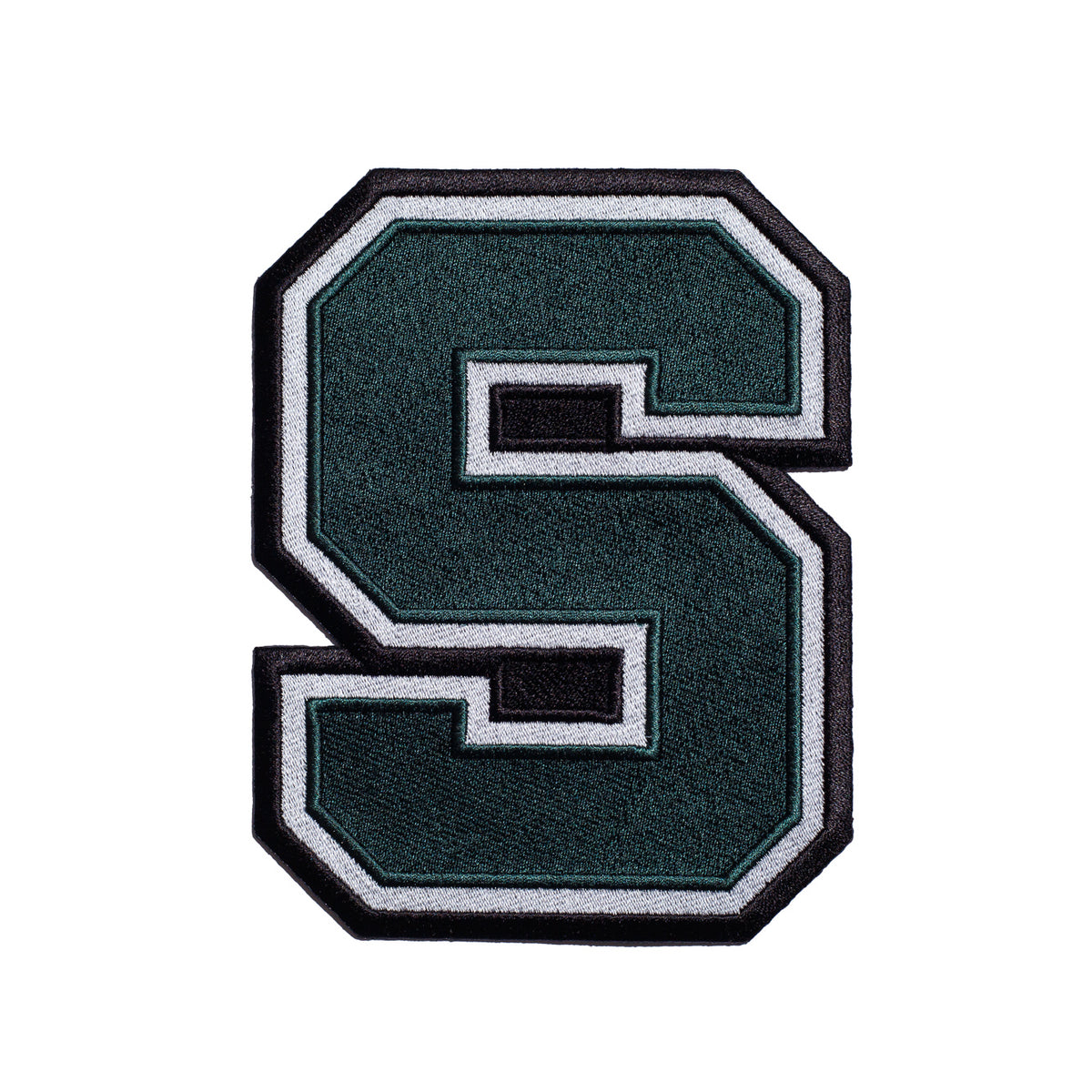 michigan state university block s embroidered iron-on patch front view in spartan green white and black for msu spartans apparel or accessories by soundoff