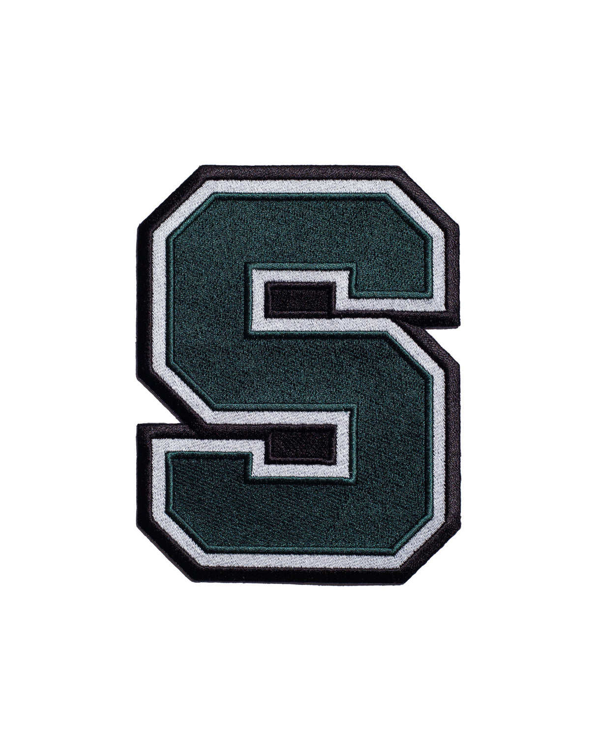 michigan state university block s embroidered iron-on patch front view in spartan green white and black for msu spartans apparel or accessories by soundoff