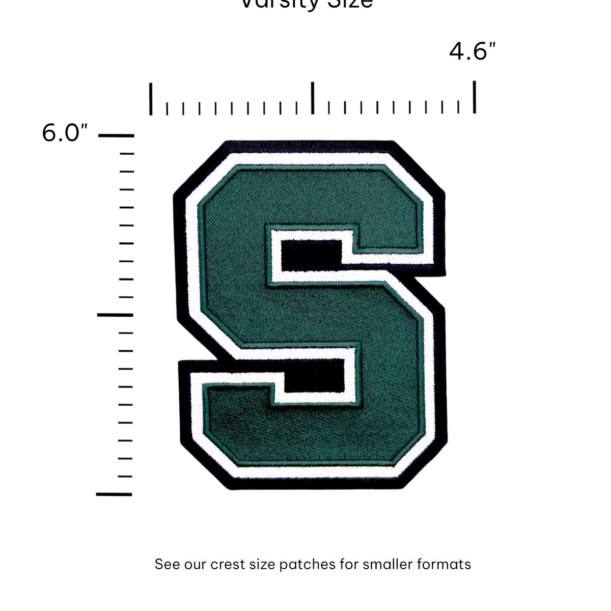 michigan state university block s embroidered iron-on patch front view in spartan green white and black for msu spartans apparel or accessories by soundoff with size