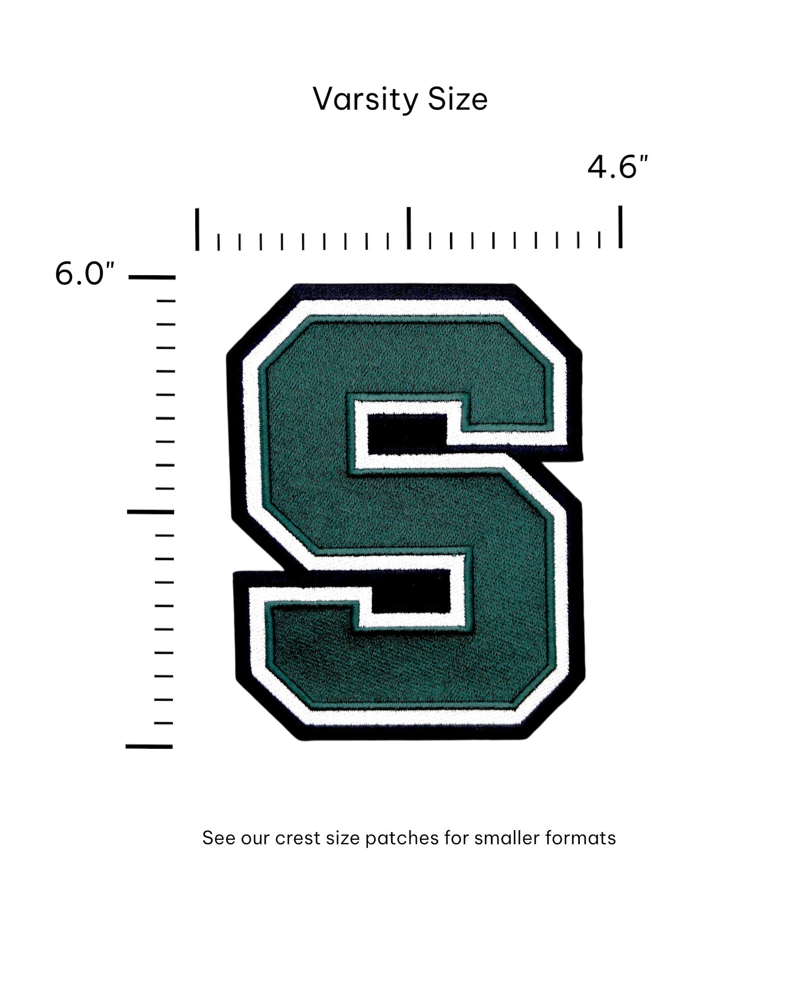 michigan state university block s embroidered iron-on patch front view in spartan green white and black for msu spartans apparel or accessories by soundoff with size