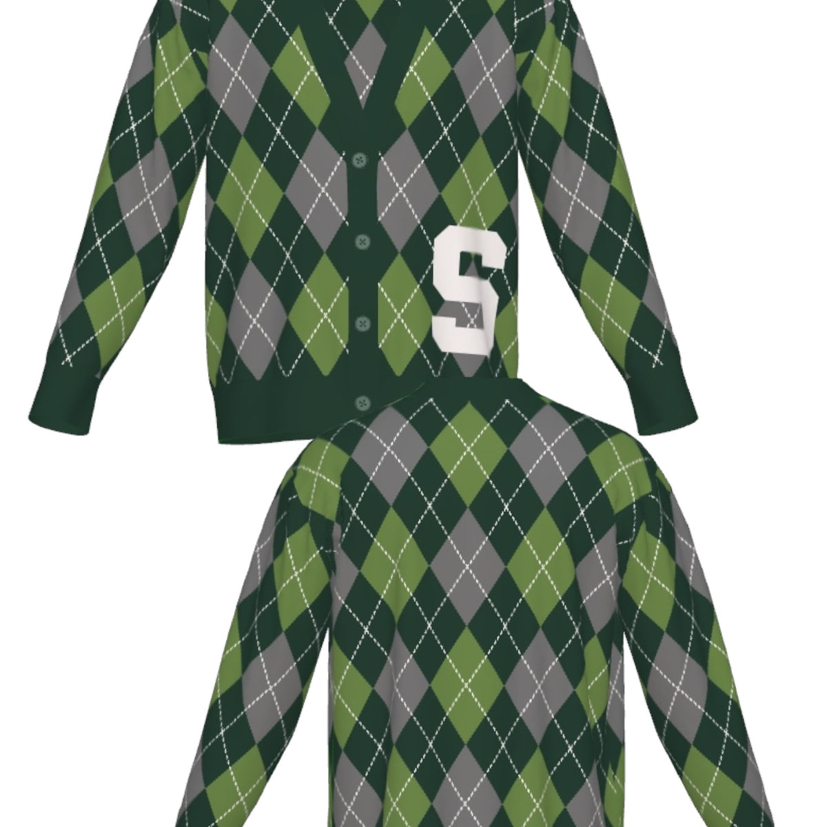 michigan state university cardigan argyle knit sweater front and back – pine green and white collegiate argyle pattern inspired by classic spartans style by soundoff