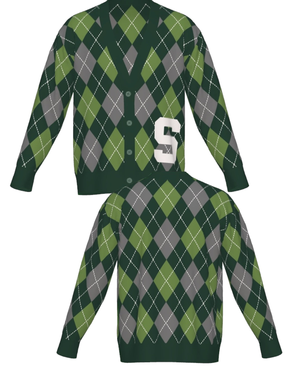 Michigan State University Spartans Argyle Knit Sweater cardigan in Pine Green, Light Green and Charcoal Grey with knitted Bleach White Block S by SOUNDOFF - front and back