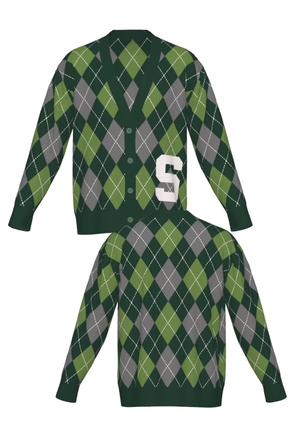 Michigan State University Spartans Argyle Knit Sweater cardigan in Pine Green, Light Green and Charcoal Grey with knitted Bleach White Block S by SOUNDOFF - front and back