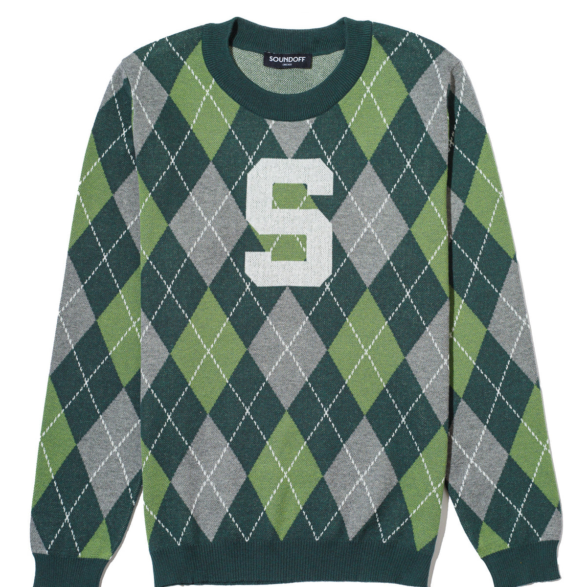 michigan state university classic crew neck argyle knit sweater front – pine green and white collegiate argyle pattern inspired by classic spartans style by soundoff