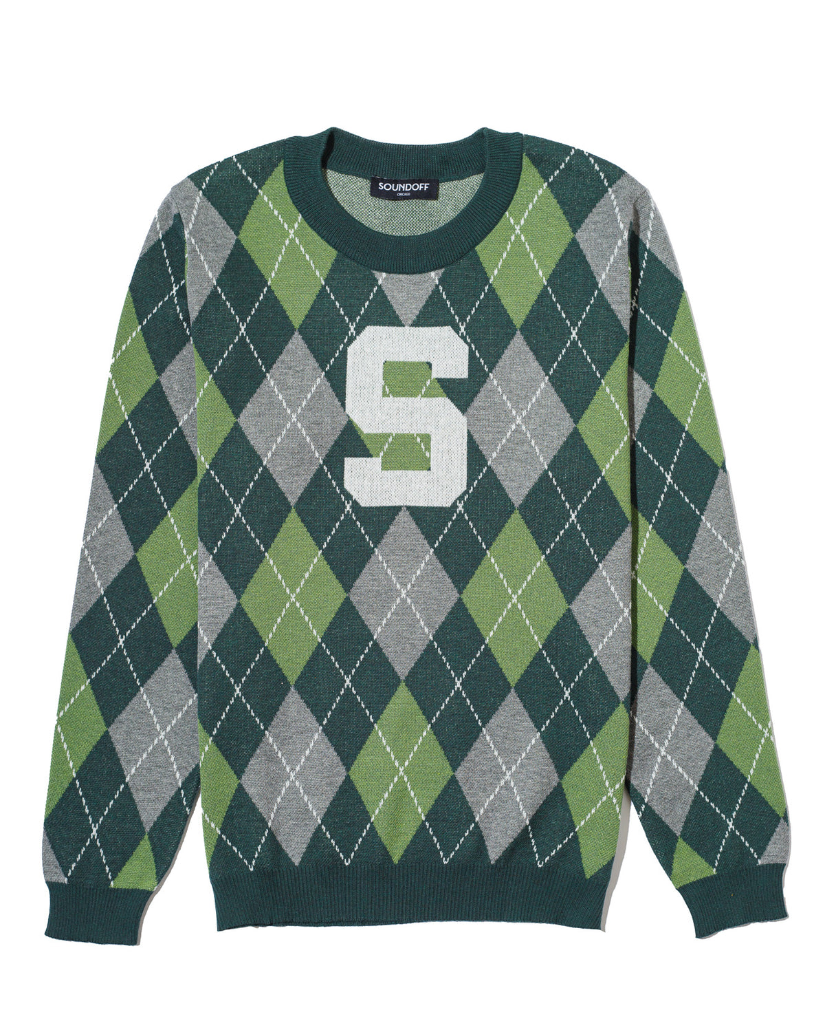 Michigan State University Spartans Argyle Knit Sweater crew neck in Pine Green, Light Green and Charcoal Grey with knitted Bleach White Block S by SOUNDOFF - front