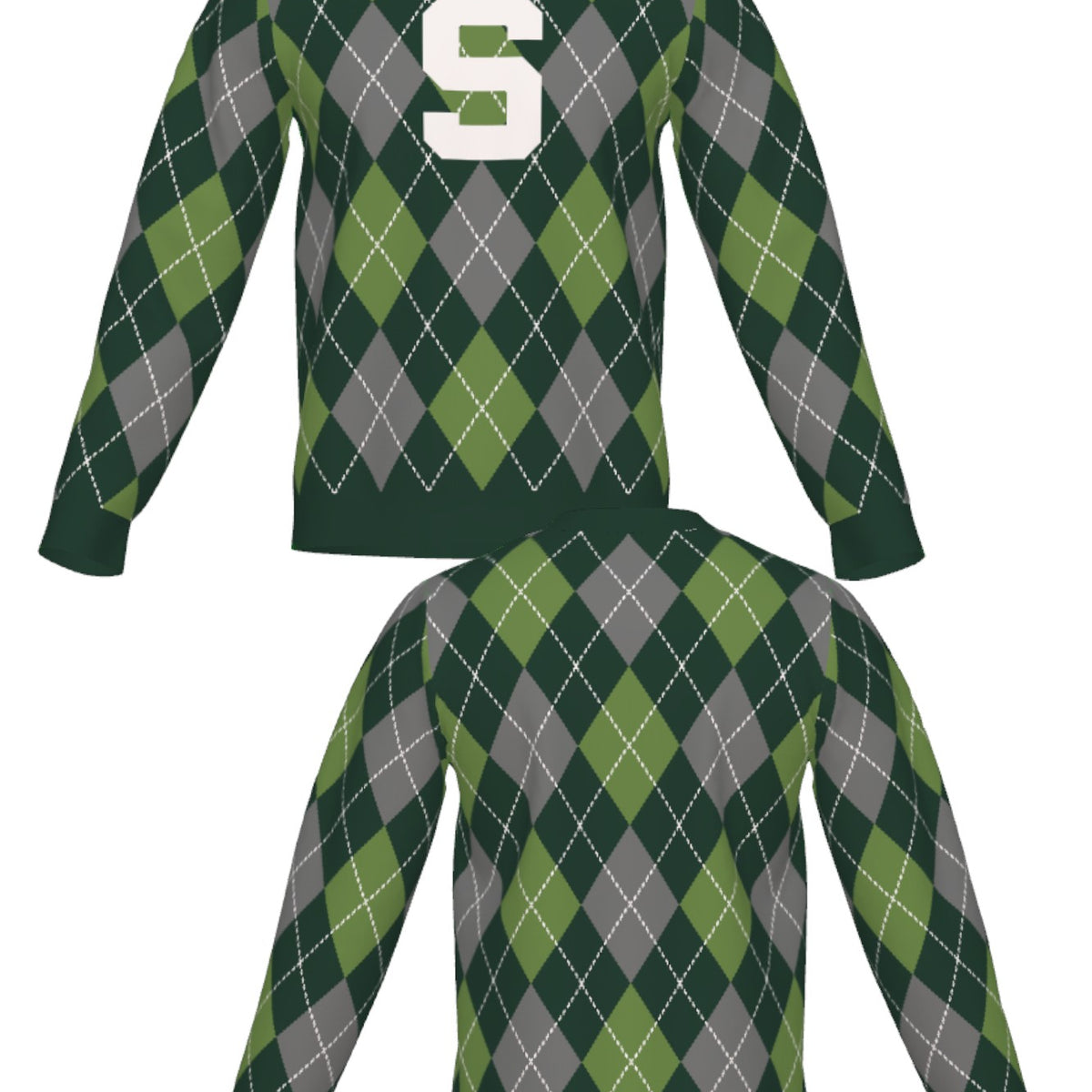 michigan state university classic crew neck argyle knit sweater front and back – pine green and white collegiate argyle pattern inspired by classic spartans style by soundoff