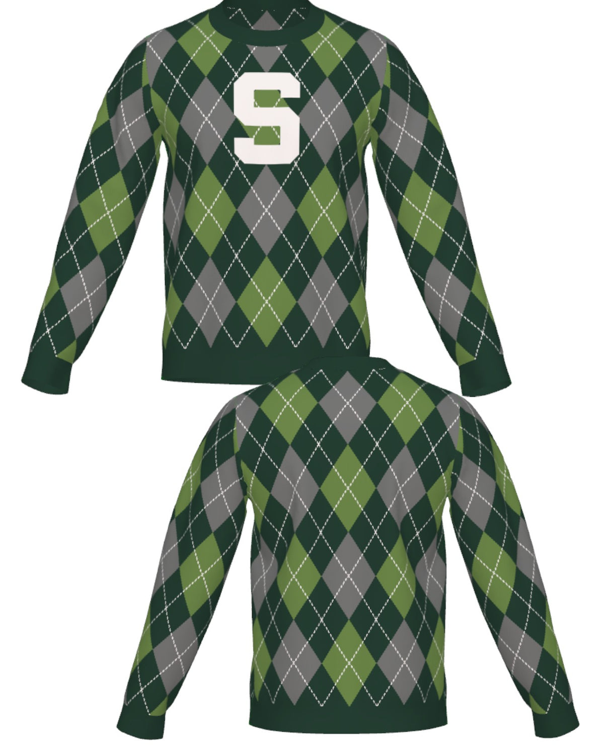 Michigan State University Spartans Argyle Knit Sweater crew neck in Pine Green, Light Green and Charcoal Grey with knitted Bleach White Block S by SOUNDOFF - front and back