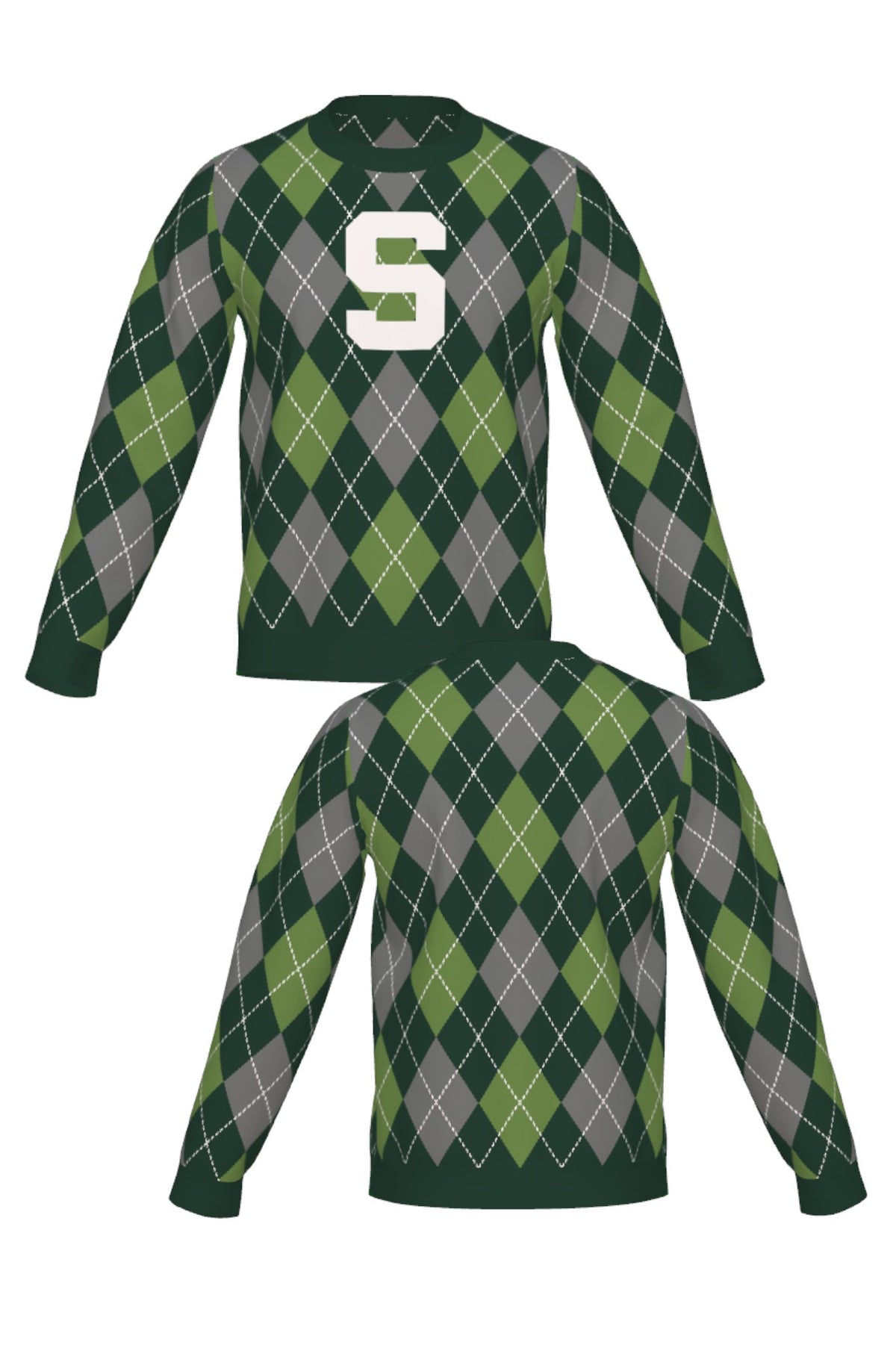 Michigan State University Spartans Argyle Knit Sweater crew neck in Pine Green, Light Green and Charcoal Grey with knitted Bleach White Block S by SOUNDOFF - front and back