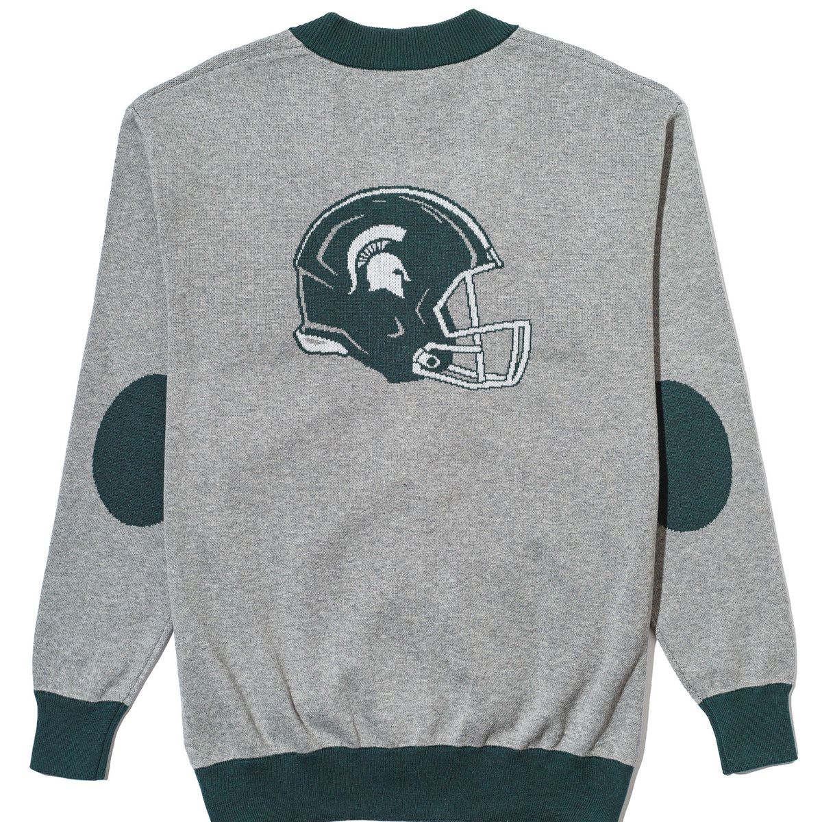 michigan state university gridiron cardigan knit sweater back – msu interlock logo and football helmet design in green and grey, officially licensed spartans apparel by soundoff.