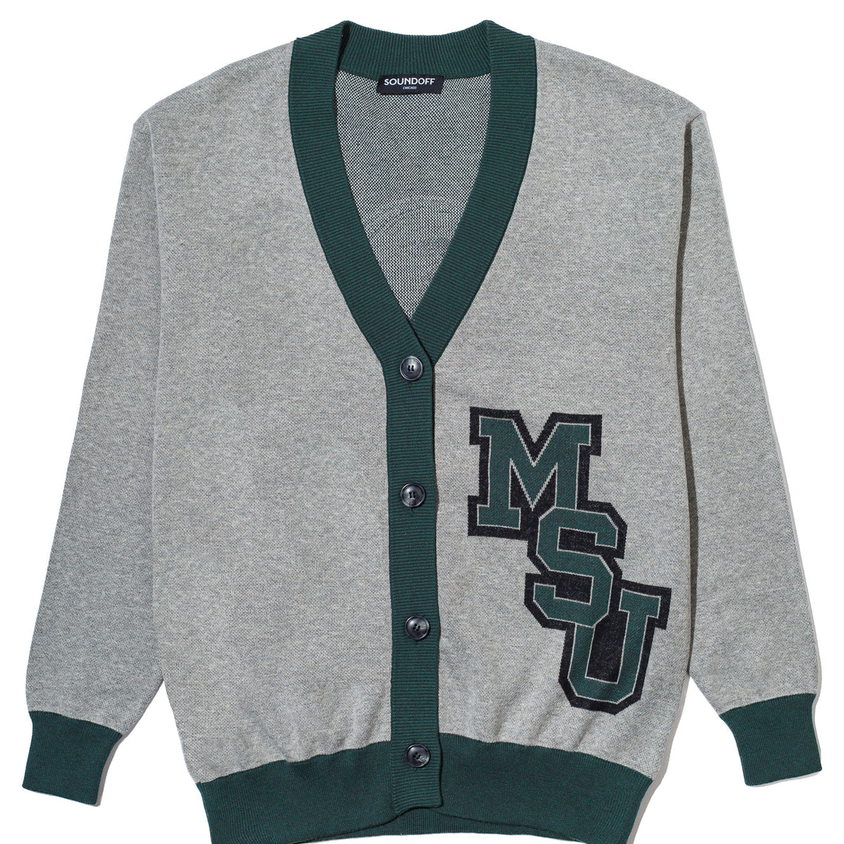 michigan state university gridiron cardigan knit sweater front - msu interlock logo and football helmet design in green and grey, officially licensed spartans apparel by soundoff.