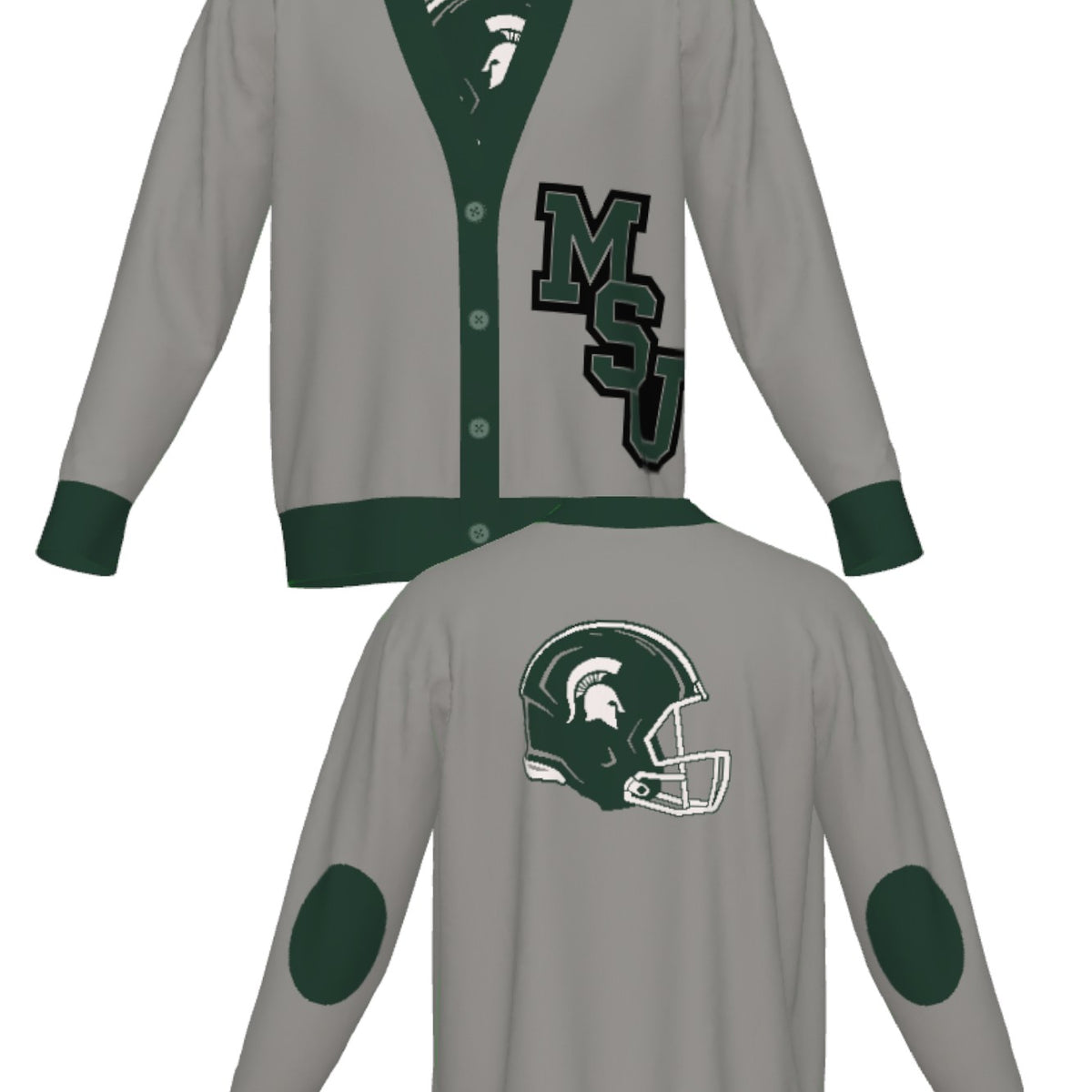 michigan state university gridiron cardigan knit sweater front and back – msu interlock logo and football helmet design in green and grey, officially licensed spartans apparel by soundoff.