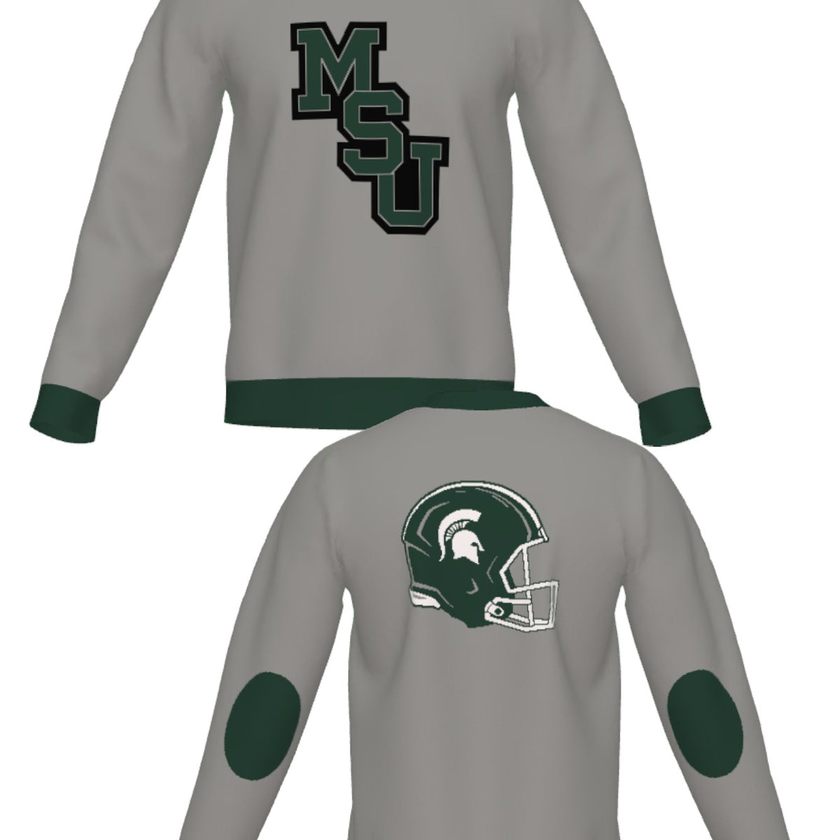 michigan state university gridiron classic crew neck knit sweater front and back – msu interlock logo and football helmet design in green and grey, officially licensed spartans apparel by soundoff.