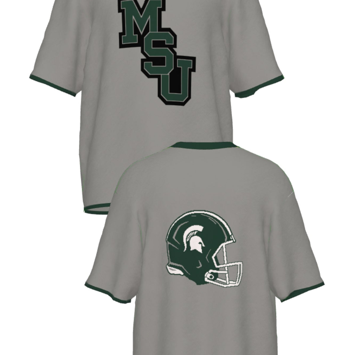 michigan state university gridiron short sleeve knit sweater front and back – msu interlock logo and football helmet design in green and grey, officially licensed spartans apparel by soundoff.