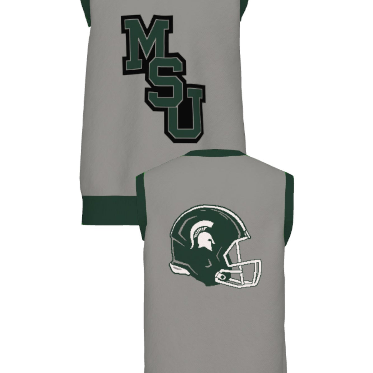 michigan state university gridiron v-neck vest knit sweater front and back – msu interlock logo and football helmet design in green and grey, officially licensed spartans apparel by soundoff.