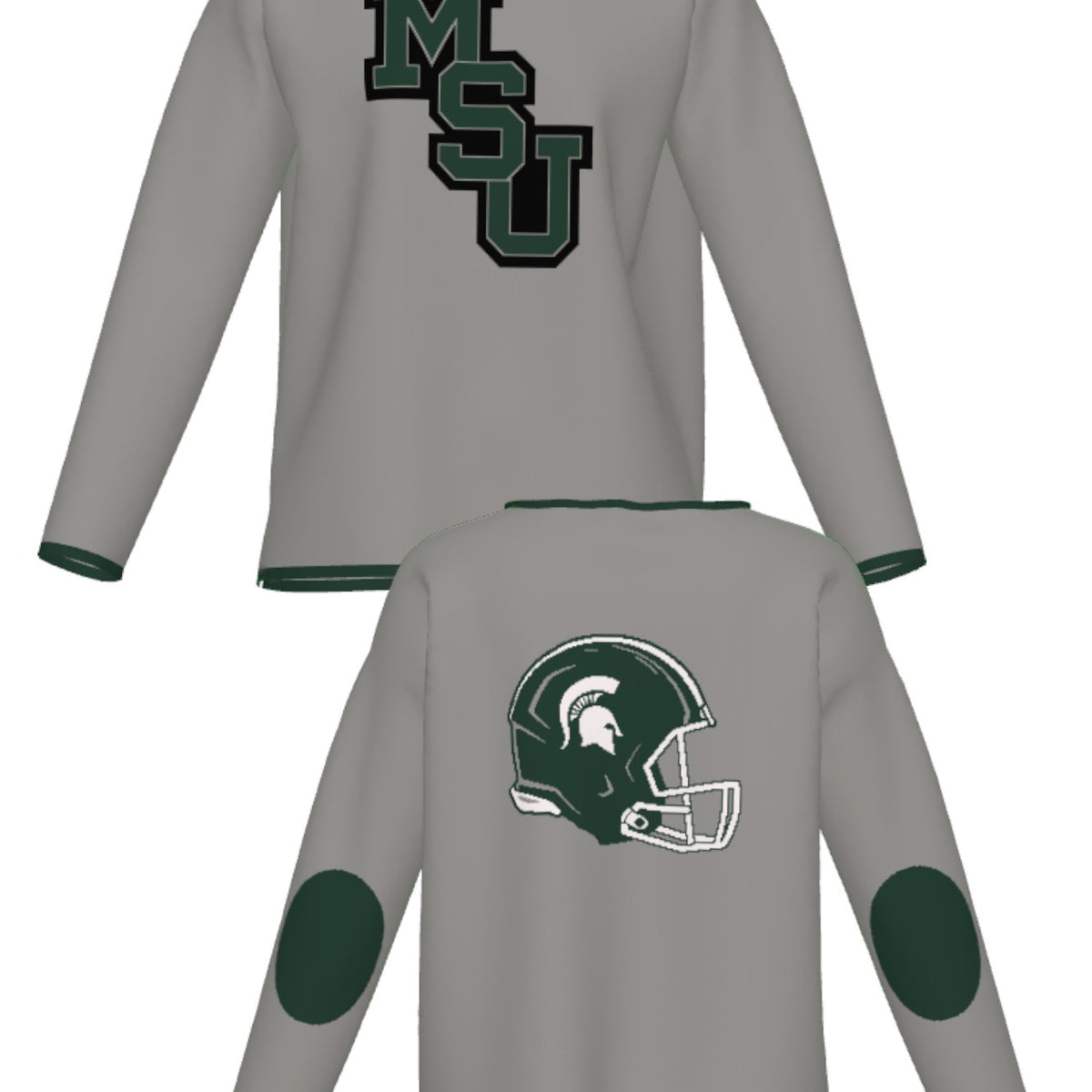 michigan state university gridiron women's knit sweater front and back – msu interlock logo and football helmet design in green and grey, officially licensed spartans apparel by soundoff.