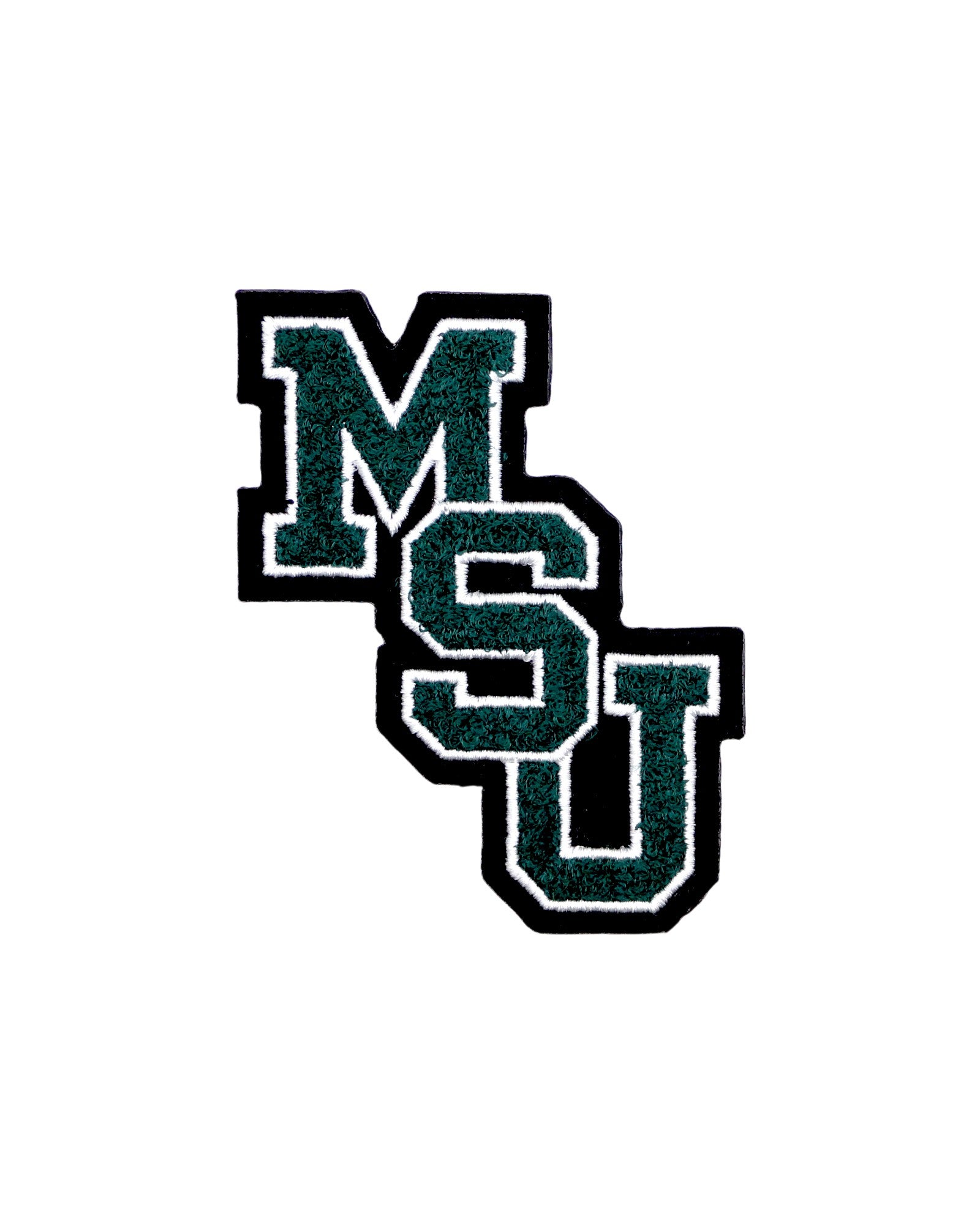 michigan state university msu interlock chenille crest patch in spartan green white and black – official iron-on patch for apparel and accessories by soundoff