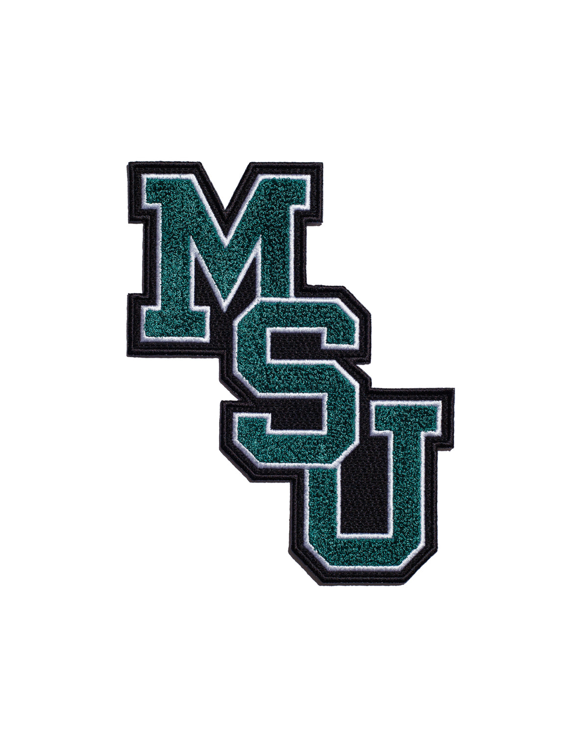 michigan state university msu interlock chenille patch 5.5 inch wide by 7.0 inch tall in spartan green white and black – official iron-on patch for apparel and accessories by soundoff