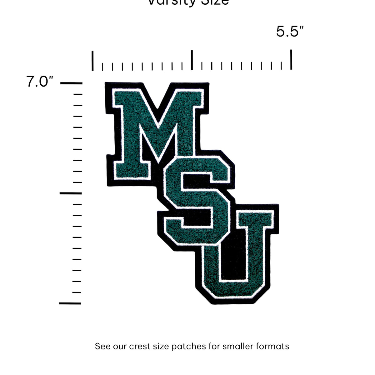 michigan state university msu interlock chenille patch 5.5 inch wide by 7.0 inch tall in spartan green white and black – official iron-on patch for apparel and accessories by soundoff with size