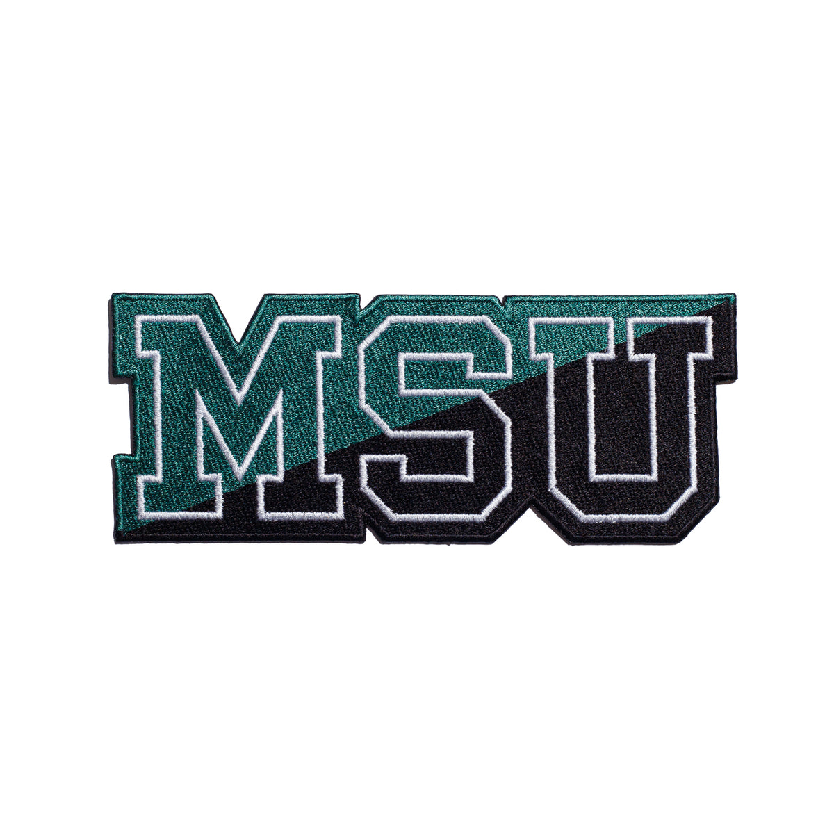 michigan state university msu embroidered patch 6.7 inch wide by 2.7 inch tall in spartan green white and black - front view – official msu iron-on patch for jackets hoodies and apparel by soundoff