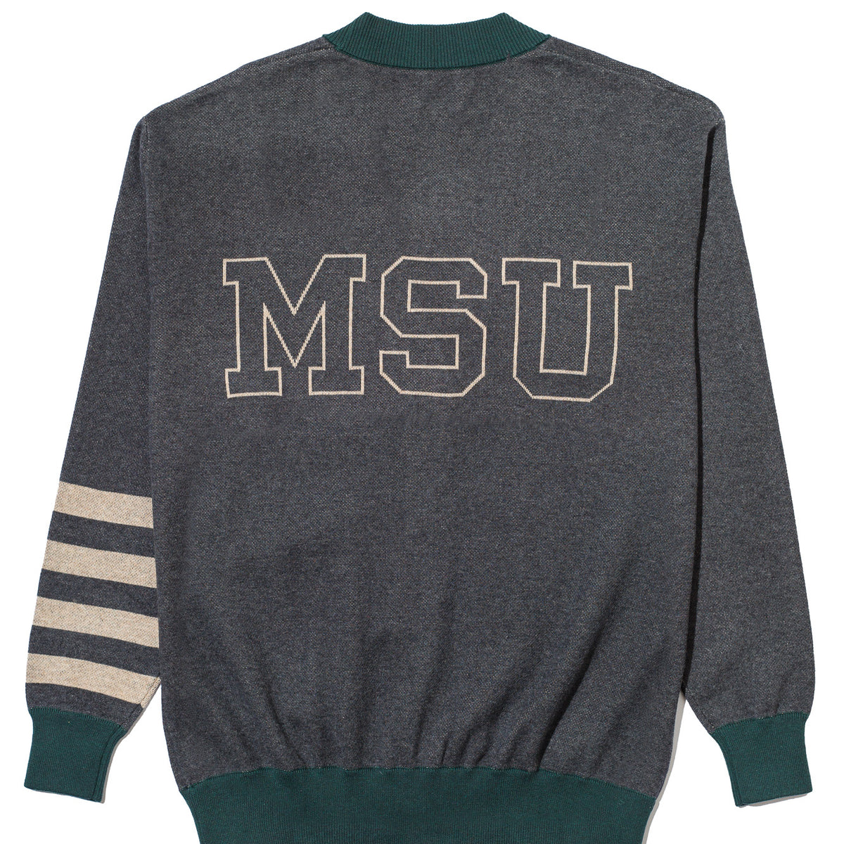 michigan state university quad stripe cardigan knit sweater back – green and grey quad stripe design inspired by classic spartans varsity heritage by soundoff.