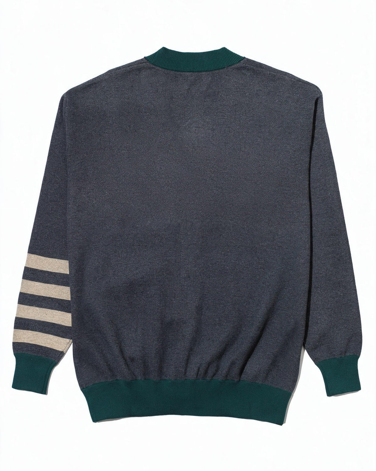 Michigan State University Spartans Quad Stripe Knit Sweater cardigan in Charcoal Grey with Pine Green trim and knitted Taupe Spartan helmet by SOUNDOFF - back