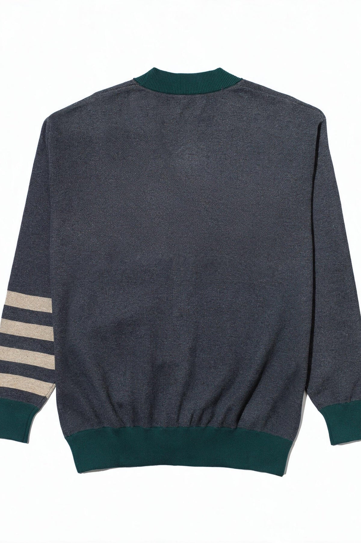 Michigan State University Spartans Quad Stripe Knit Sweater cardigan in Charcoal Grey with Pine Green trim and knitted Taupe Spartan helmet by SOUNDOFF - back