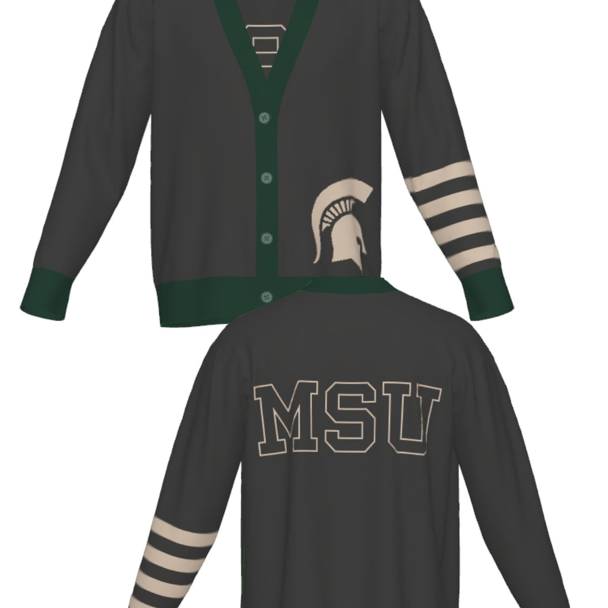 michigan state university quad stripe cardigan knit sweater front and back – green and grey quad stripe design inspired by classic spartans varsity heritage by soundoff.