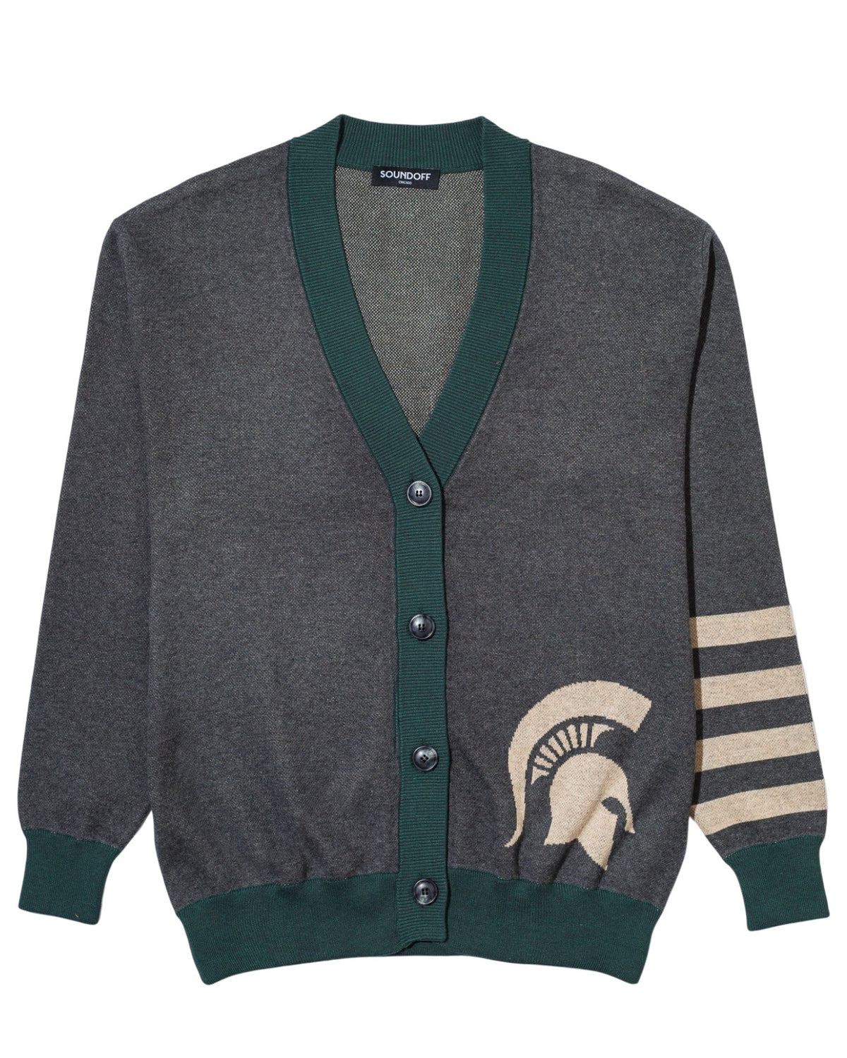 Michigan State University Spartans Quad Stripe Knit Sweater cardigan in Charcoal Grey with Pine Green trim and knitted Taupe Spartan helmet by SOUNDOFF - front
