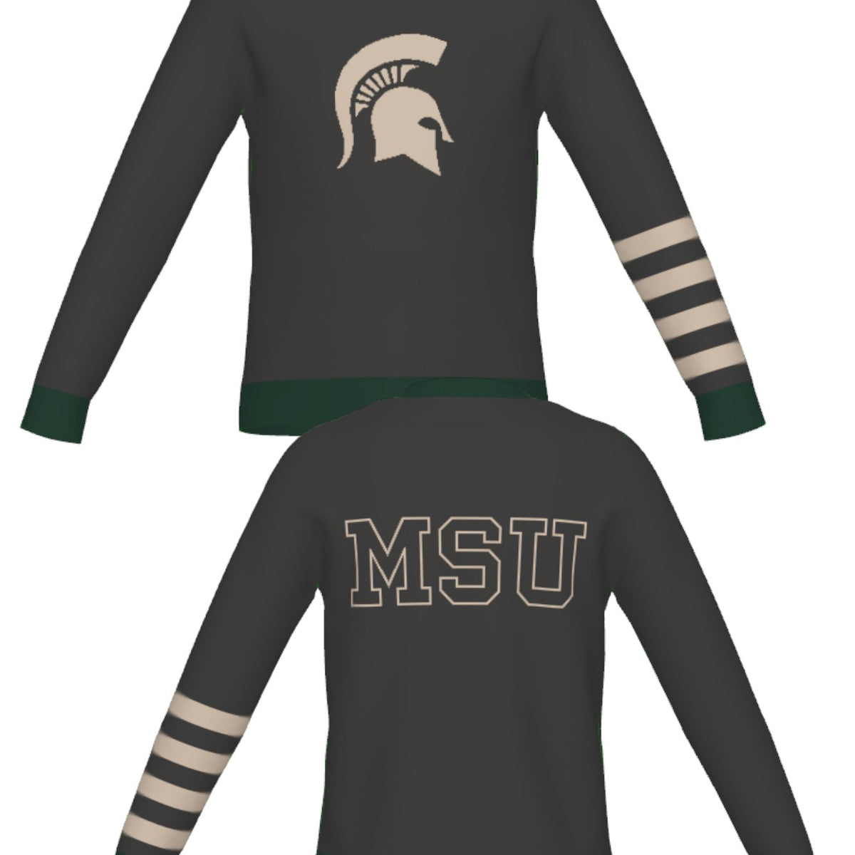 michigan state university quad stripe classic crew neck knit sweater front and back – green and grey quad stripe design inspired by classic spartans varsity heritage by soundoff.