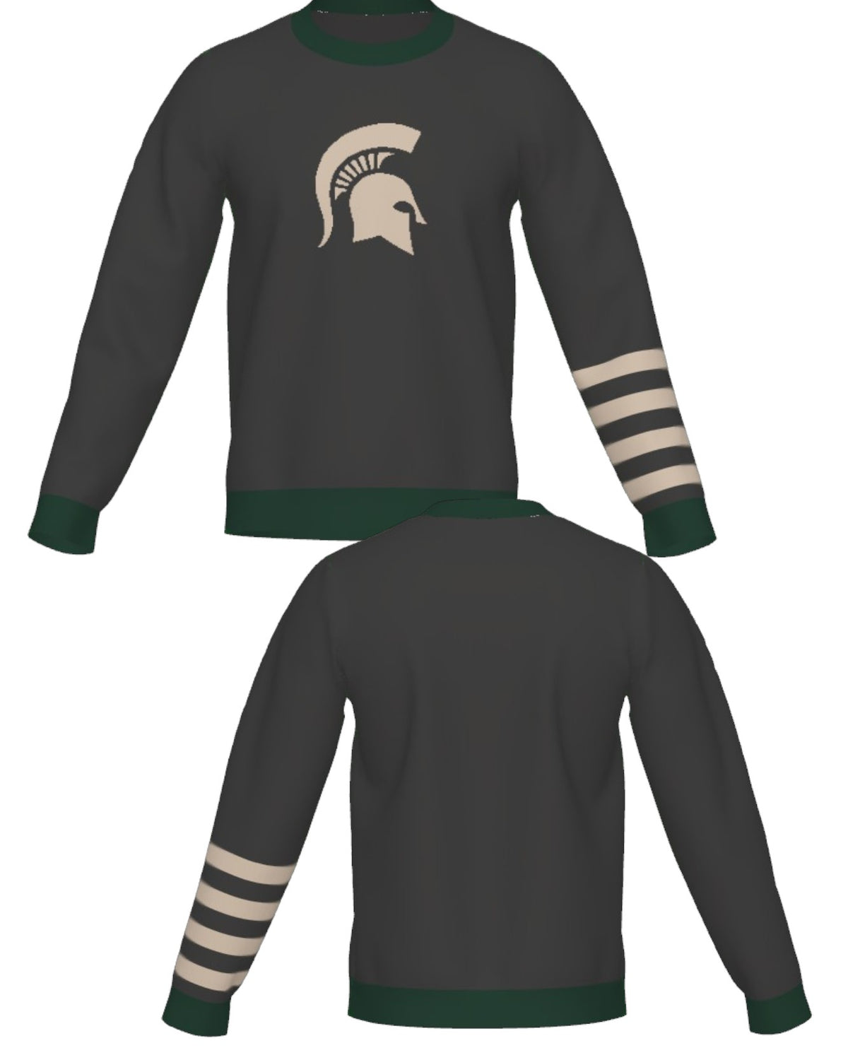 Michigan State University Spartans Quad Stripe Knit Sweater crew neck in Charcoal Grey with Pine Green trim and knitted Taupe Spartan helmet by SOUNDOFF - front and back