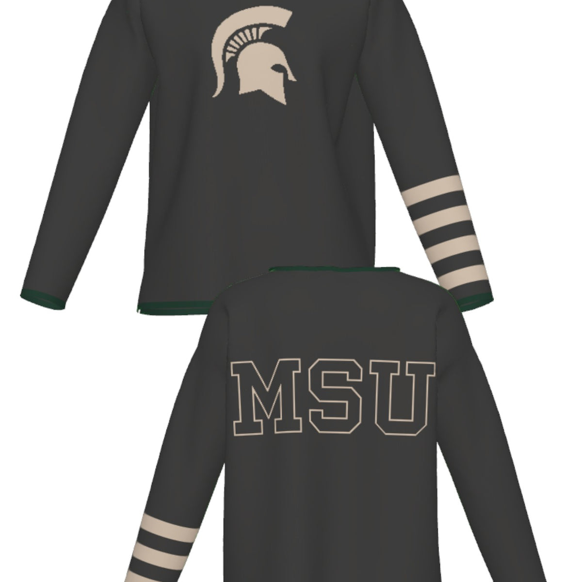 michigan state university quad stripe womens knit sweater front and back –green and grey quad stripe design inspired by classic spartans varsity heritage by soundoff.