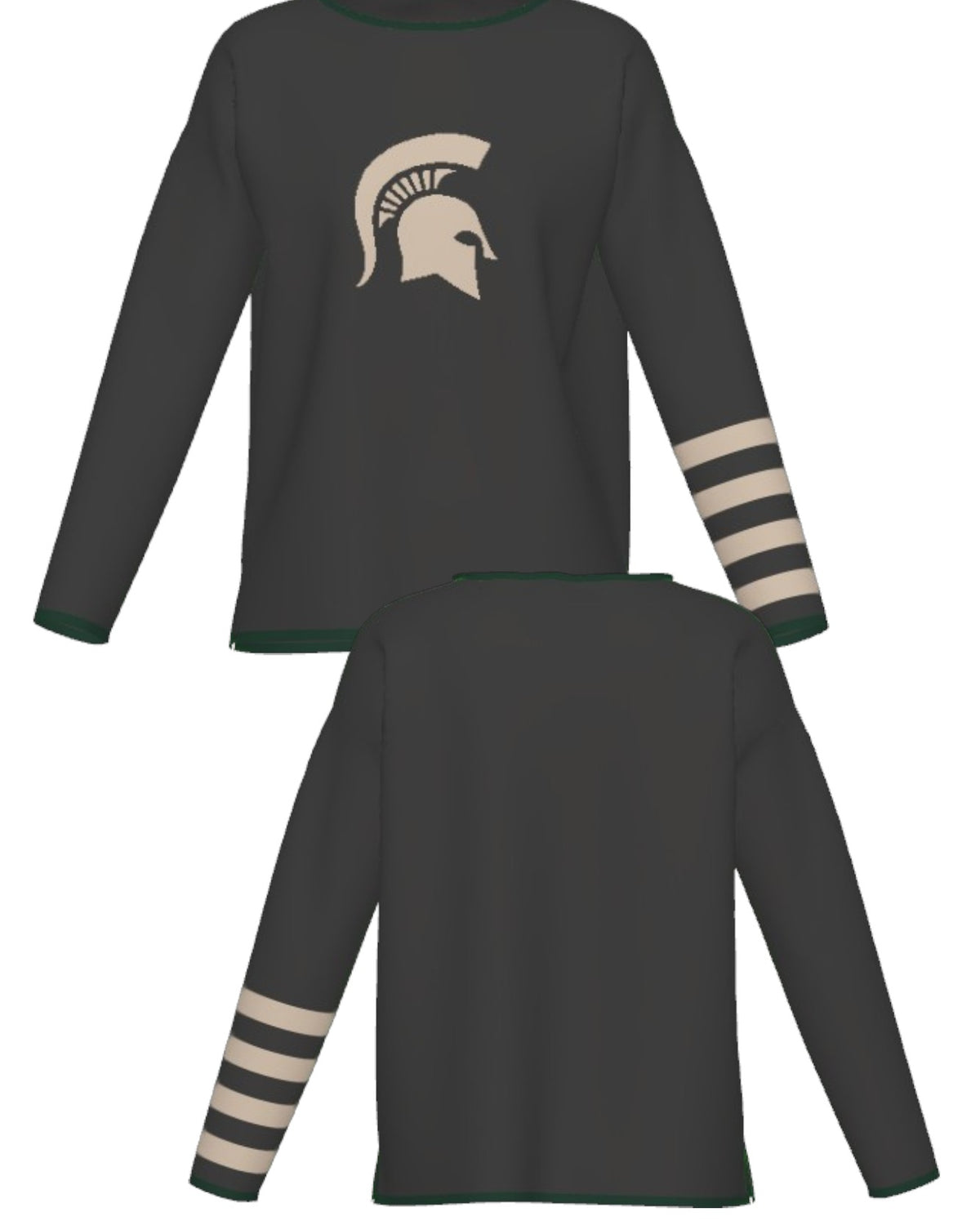 Michigan State University Spartans Quad Stripe Knit Sweater women's in Charcoal Grey with Pine Green trim and knitted Taupe Spartan helmet by SOUNDOFF - front and back