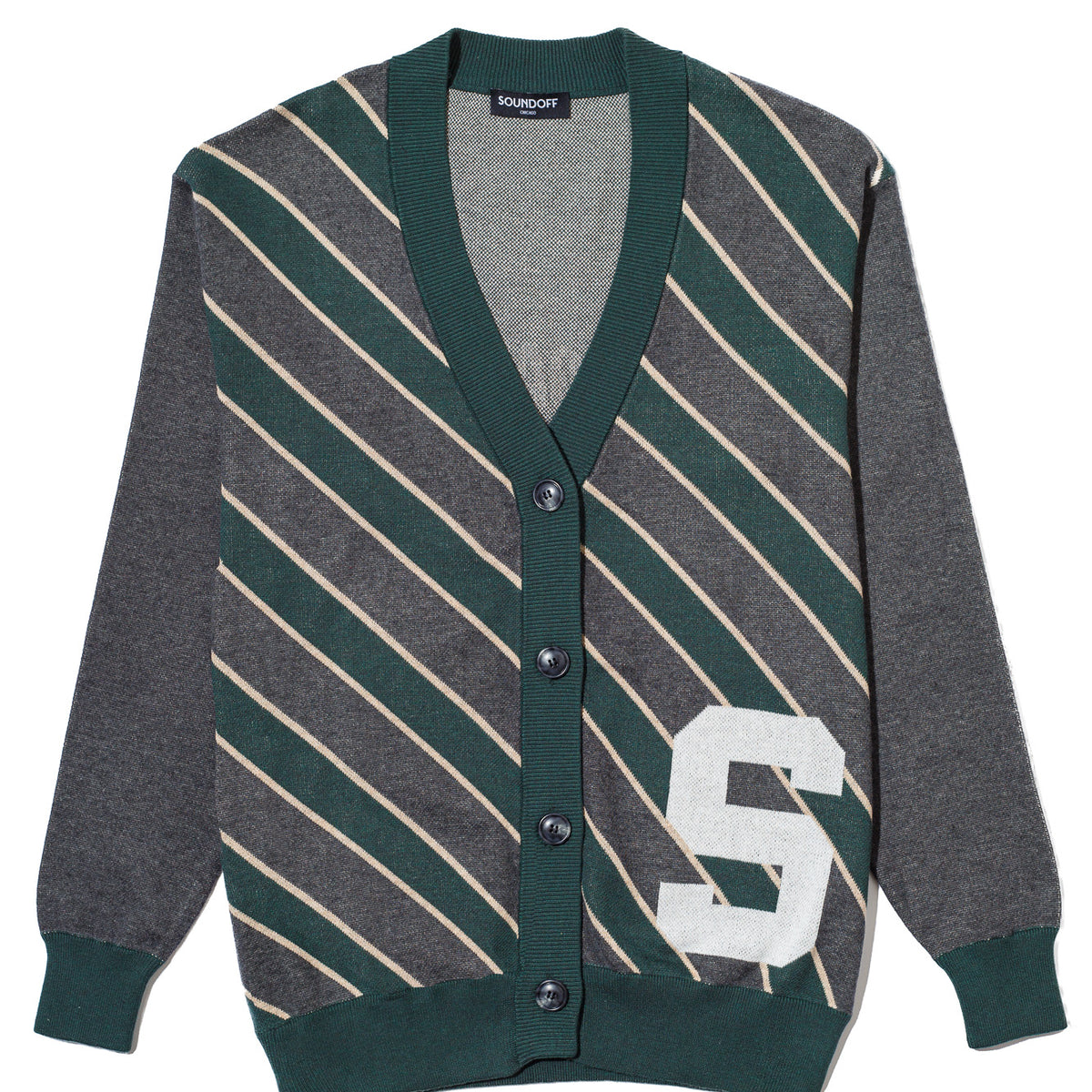 michigan state university repp stripe cardigan knit sweater front – MSU green and white stripes inspired by classic spartans collegiate style by soundoff.