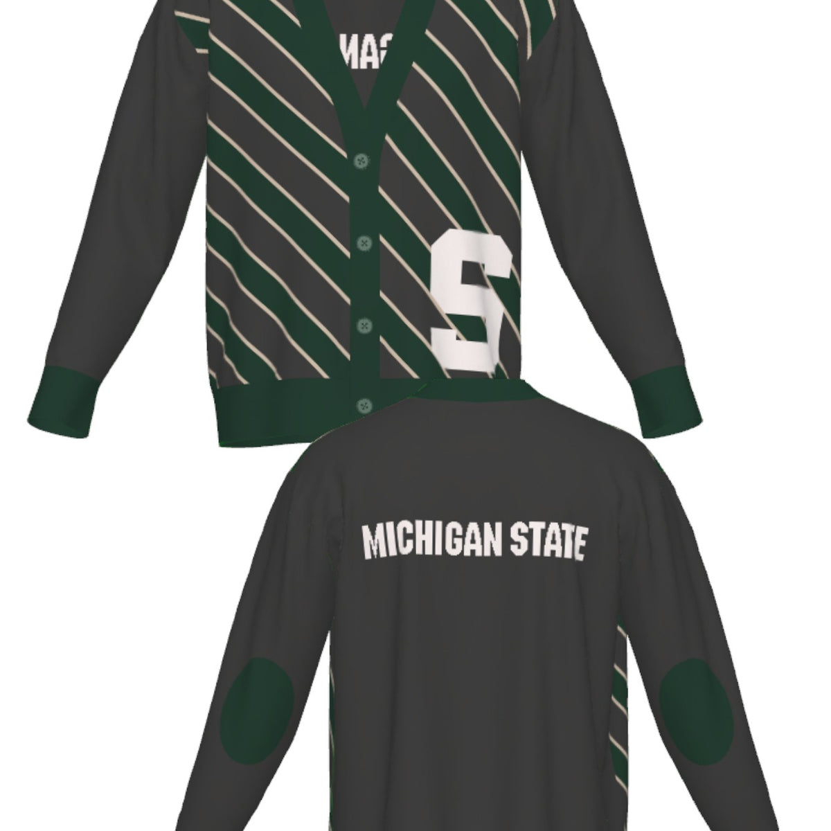 michigan state university repp stripe cardigan knit sweater front and back – MSU green and white stripes inspired by classic spartans collegiate style by soundoff.