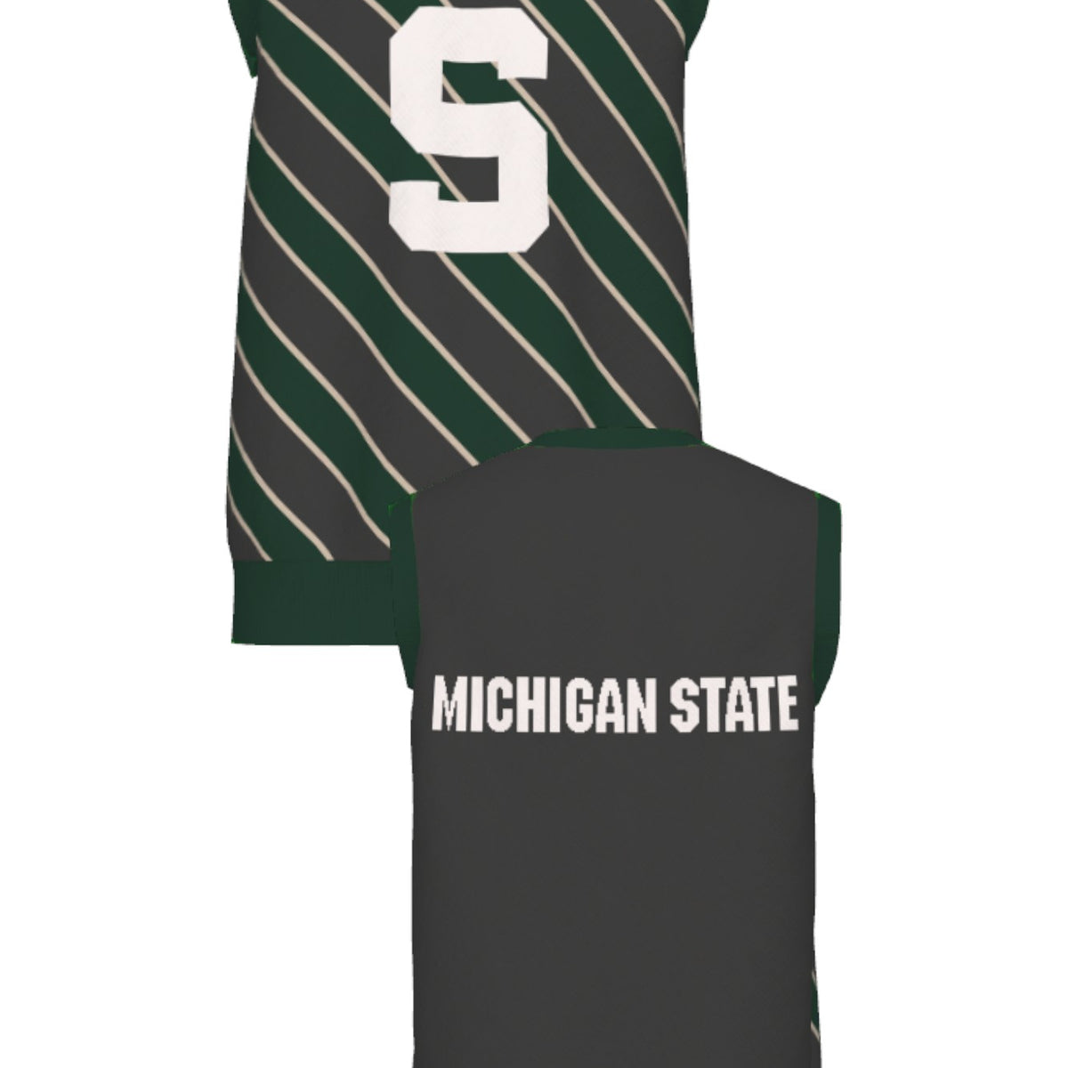 michigan state university repp stripe v-neck vest knit sweater front and back – MSU green and white stripes inspired by classic spartans collegiate style by soundoff.