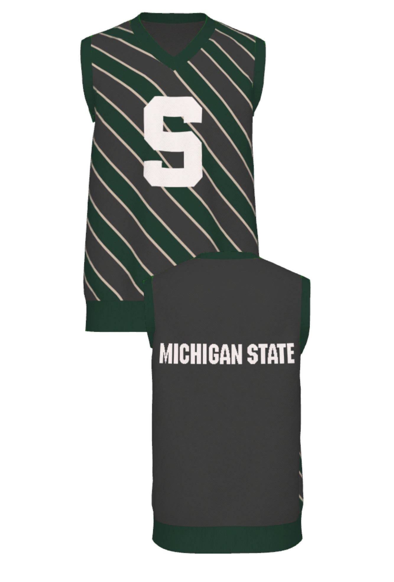 michigan state university repp stripe v-neck vest knit sweater front and back – MSU green and white stripes inspired by classic spartans collegiate style by soundoff.