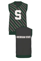 michigan state university repp stripe v-neck vest knit sweater front and back – MSU green and white stripes inspired by classic spartans collegiate style by soundoff.