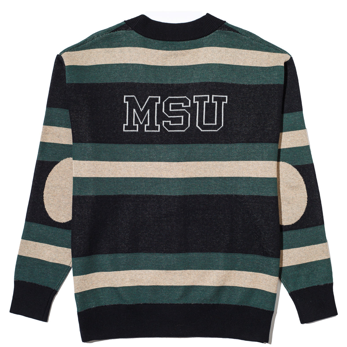michigan state university rugby stripe cardigan knit sweater back views – MSU green and white stripes inspired by classic spartans varsity style by soundoff.