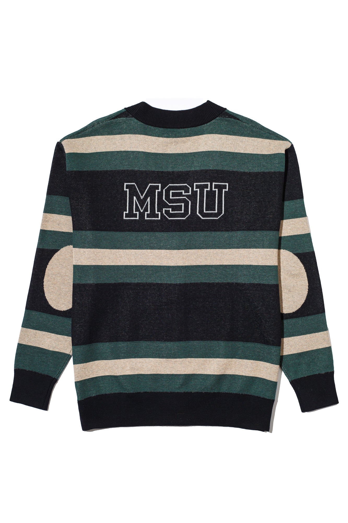 michigan state university rugby stripe cardigan knit sweater back views – MSU green and white stripes inspired by classic spartans varsity style by soundoff.